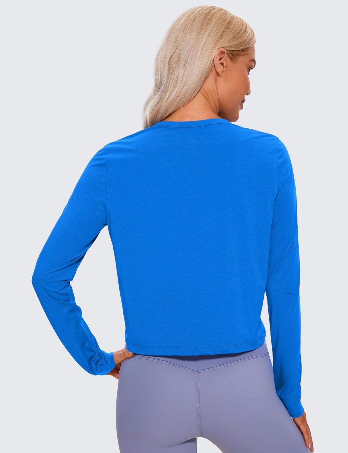imageCRZ YOGA Pima Cotton Long Sleeve Workout Shirts for Women Loose Cropped Tops Athletic Sports TShirtSparkle Blue
