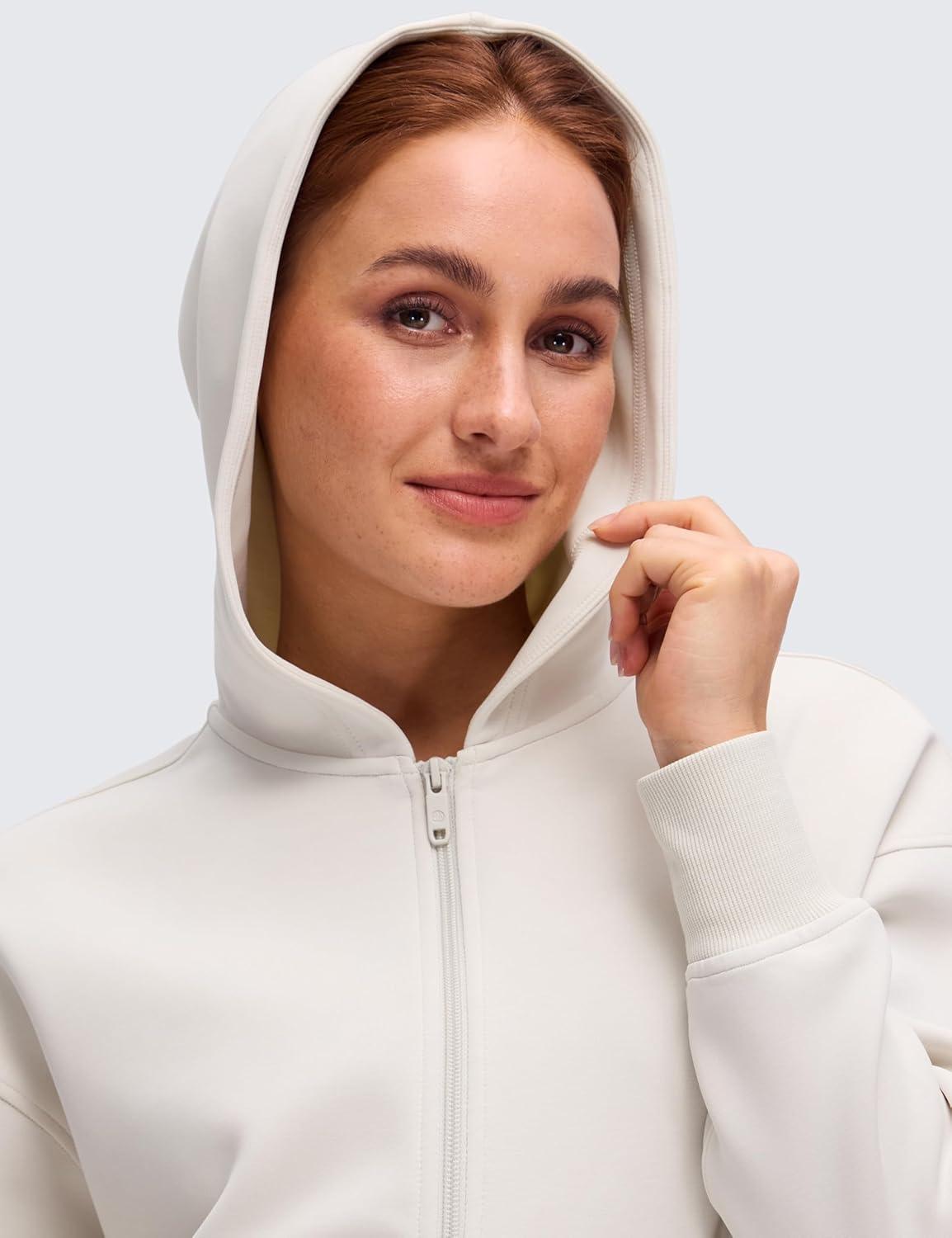 imageCRZ YOGA SoftAura Full Zip Hoodies for Women  Workout Casual Zipper Hooded Sweat Shirts with PocketsMilky White