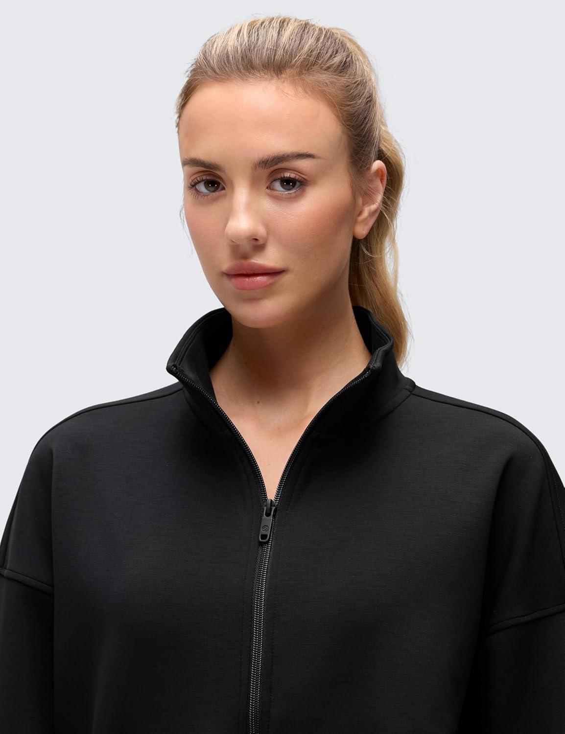 imageCRZ YOGA SoftAura Full Zip Sweatshirt for Women  Workout Casual Zipper Funnel Neck Sweat Shirts Jackets with PocketsBlack