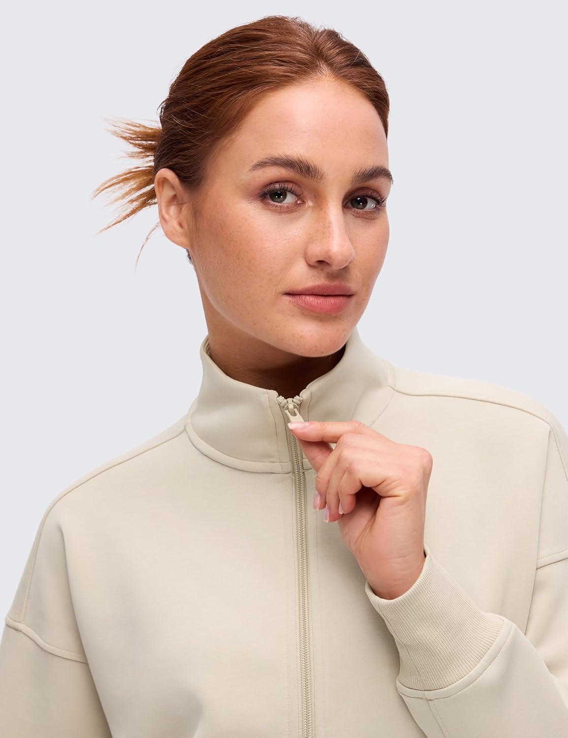 imageCRZ YOGA SoftAura Full Zip Sweatshirt for Women  Workout Casual Zipper Funnel Neck Sweat Shirts Jackets with PocketsMojave Tan