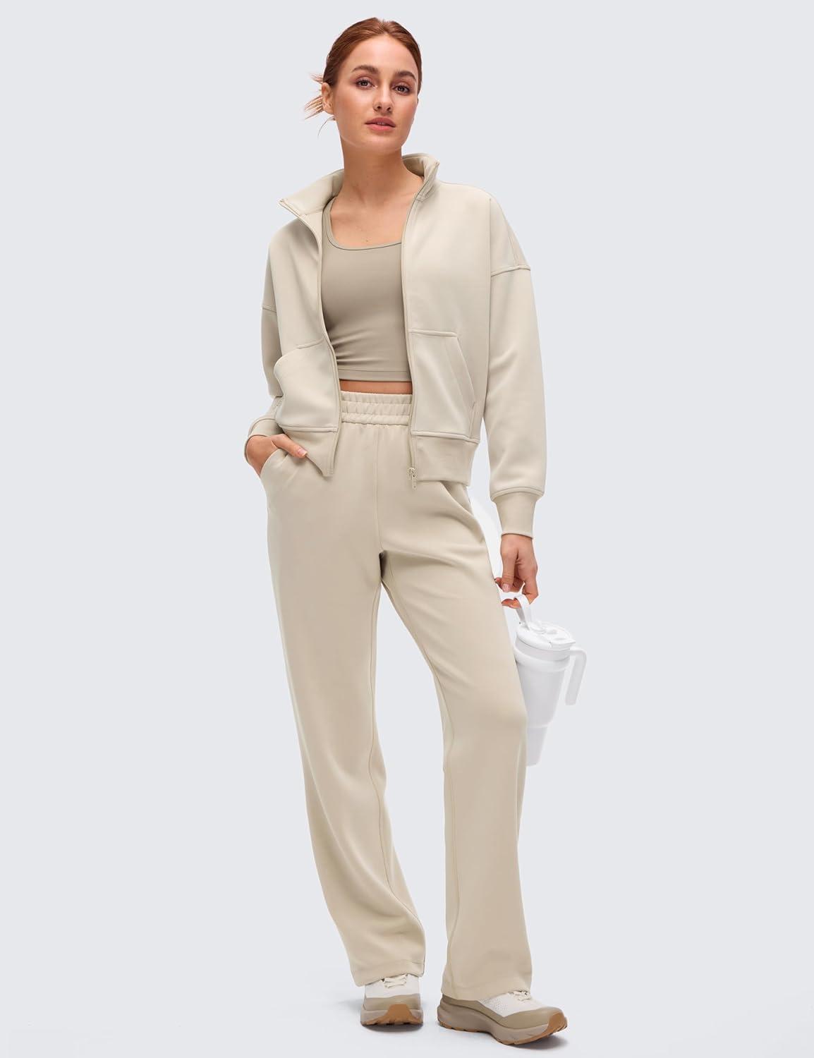 imageCRZ YOGA SoftAura Full Zip Sweatshirt for Women  Workout Casual Zipper Funnel Neck Sweat Shirts Jackets with PocketsMojave Tan