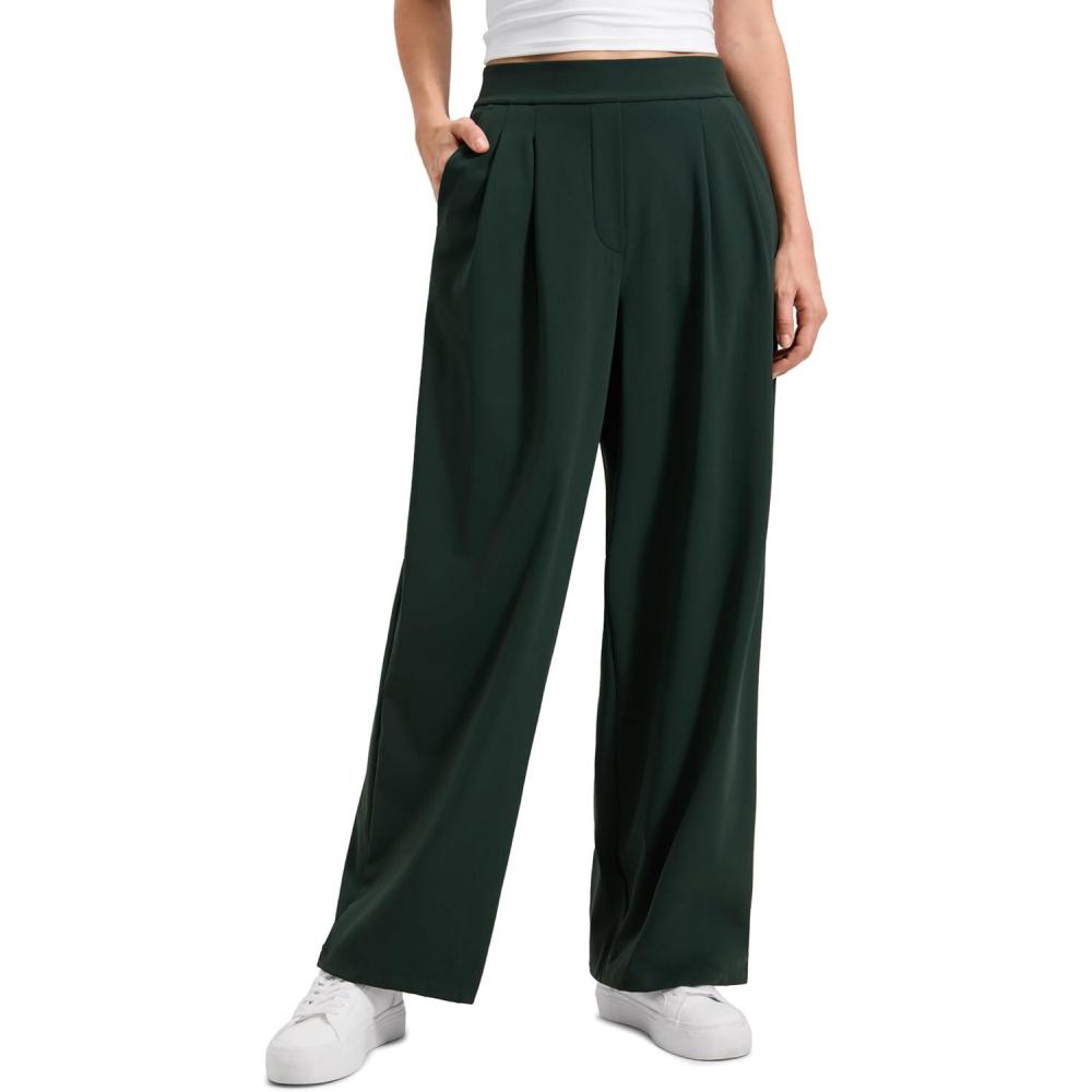 imageCRZ YOGA 4Way Stretch Wide Leg Work Pants for Women 29quot  Bussiness Casual Trousers with PocketsLegend Green