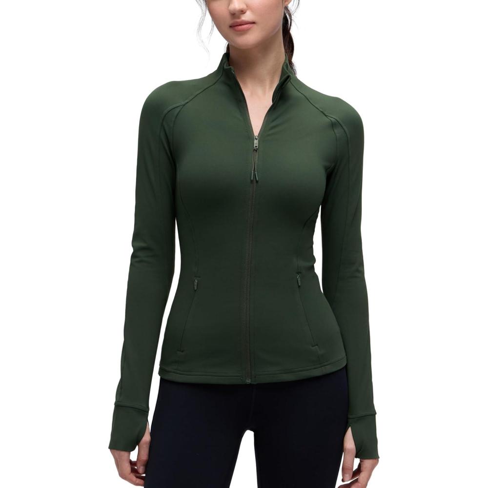 imageCRZ YOGA Butterluxe Hip Length Jackets for Women  Full Zip Athletic Track Tops with Thumb Holes PocketsLegend Green