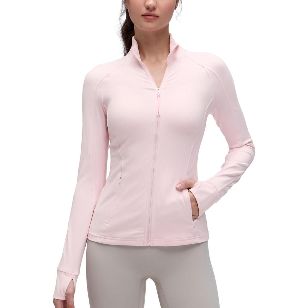 imageCRZ YOGA Butterluxe Hip Length Jackets for Women  Full Zip Athletic Track Tops with Thumb Holes PocketsStrawberry Pink