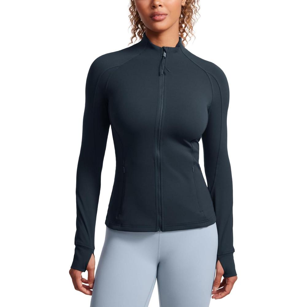 imageCRZ YOGA Butterluxe Hip Length Jackets for Women  Full Zip Athletic Track Tops with Thumb Holes PocketsTrue Navy