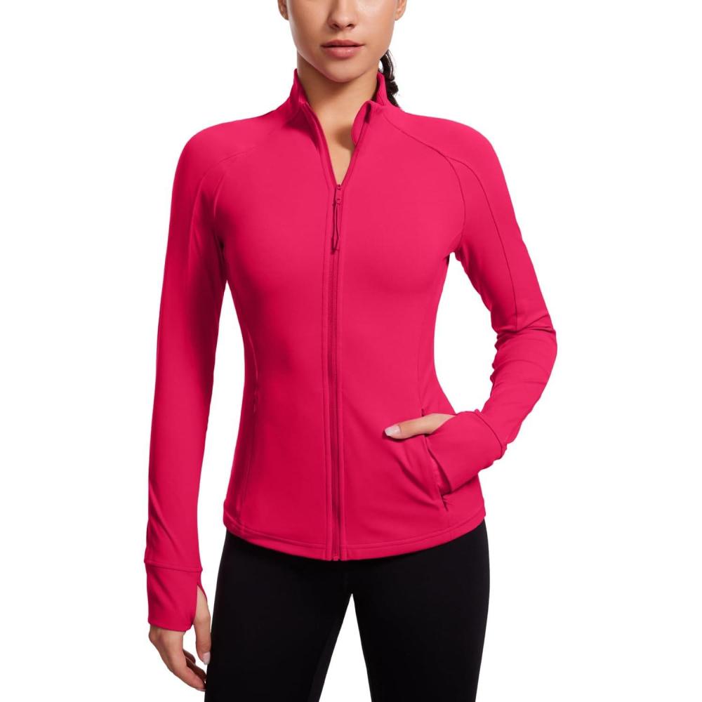 imageCRZ YOGA Butterluxe Hip Length Jackets for Women  Full Zip Athletic Track Tops with Thumb Holes PocketsViva Magenta
