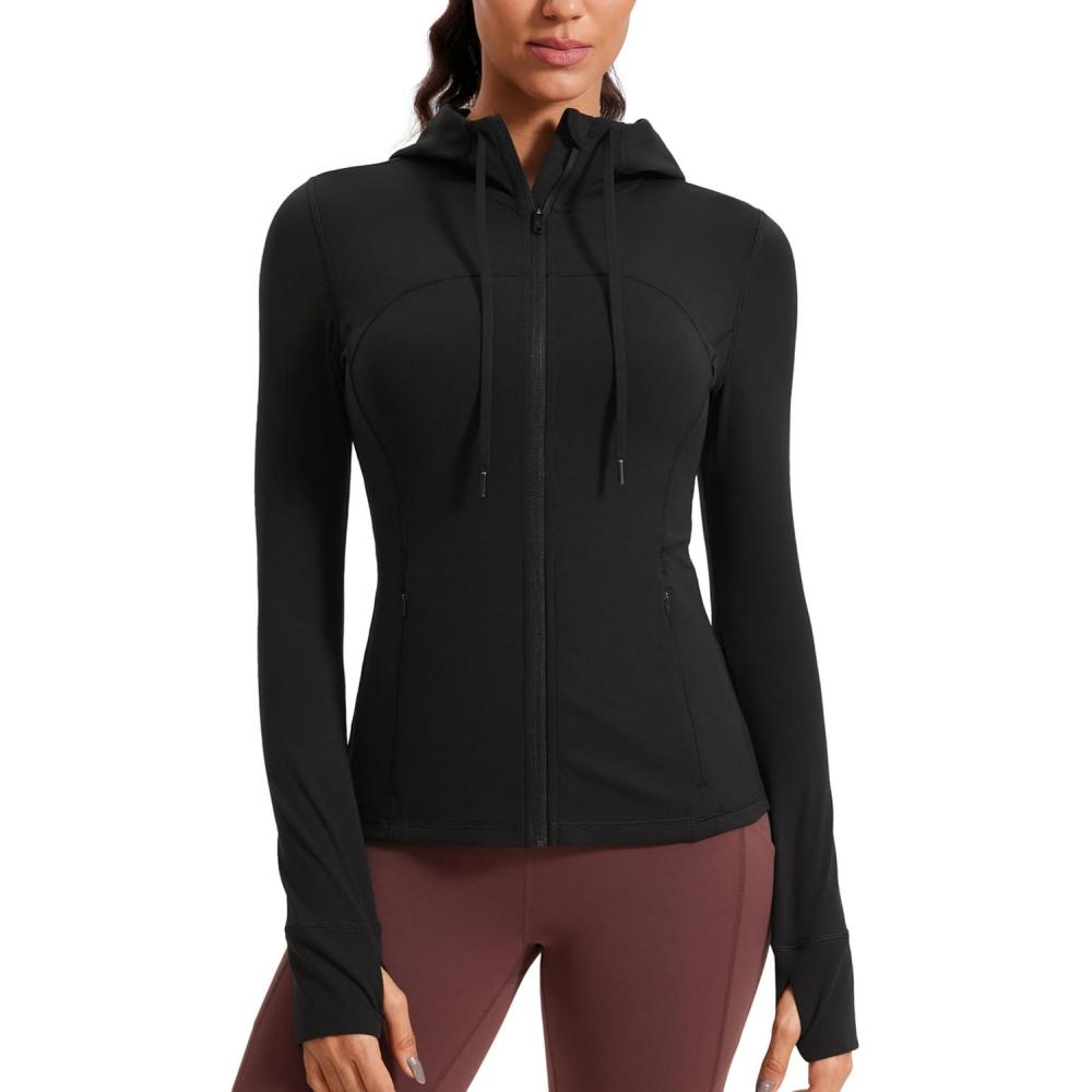 imageCRZ YOGA Butterluxe Hooded Athletic Jackets for Women  Full Zip Track Casual Tops with Thumb Holes PocketsBlack