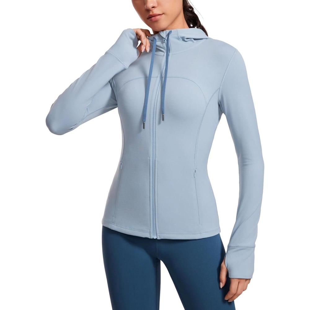 imageCRZ YOGA Butterluxe Hooded Athletic Jackets for Women  Full Zip Track Casual Tops with Thumb Holes PocketsCambric Blue