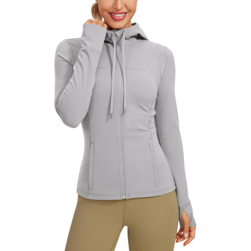 imageCRZ YOGA Butterluxe Hooded Athletic Jackets for Women  Full Zip Track Casual Tops with Thumb Holes PocketsGull Gray