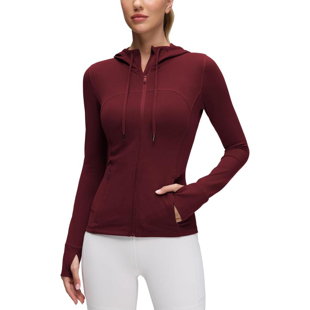 imageCRZ YOGA Butterluxe Hooded Athletic Jackets for Women  Full Zip Track Casual Tops with Thumb Holes PocketsRed Merlot