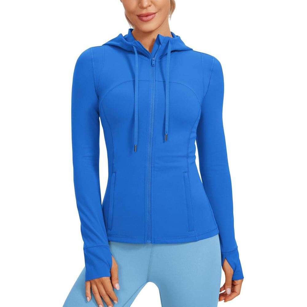 imageCRZ YOGA Butterluxe Hooded Athletic Jackets for Women  Full Zip Track Casual Tops with Thumb Holes PocketsSparkle Blue