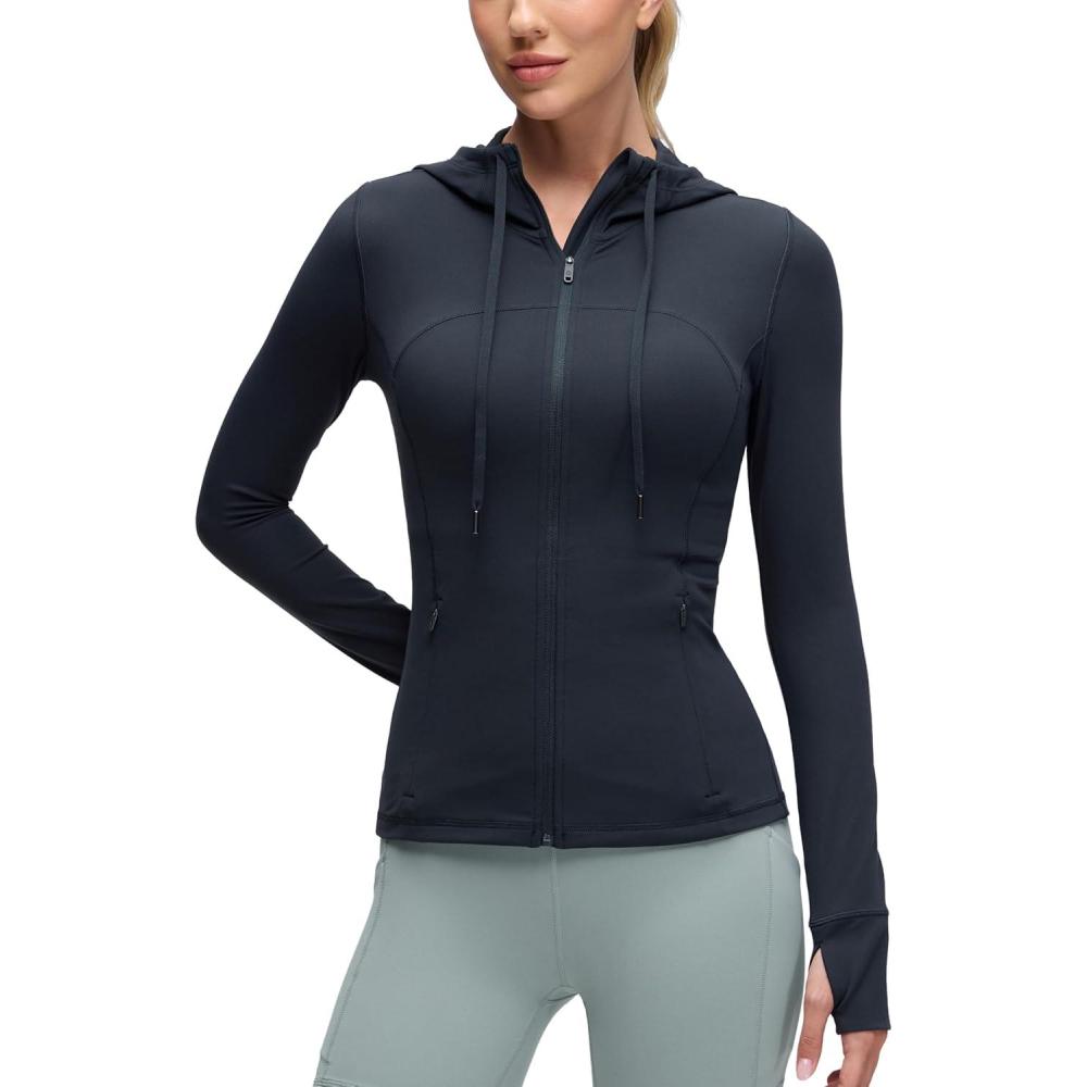 imageCRZ YOGA Butterluxe Hooded Athletic Jackets for Women  Full Zip Track Casual Tops with Thumb Holes PocketsTrue Navy