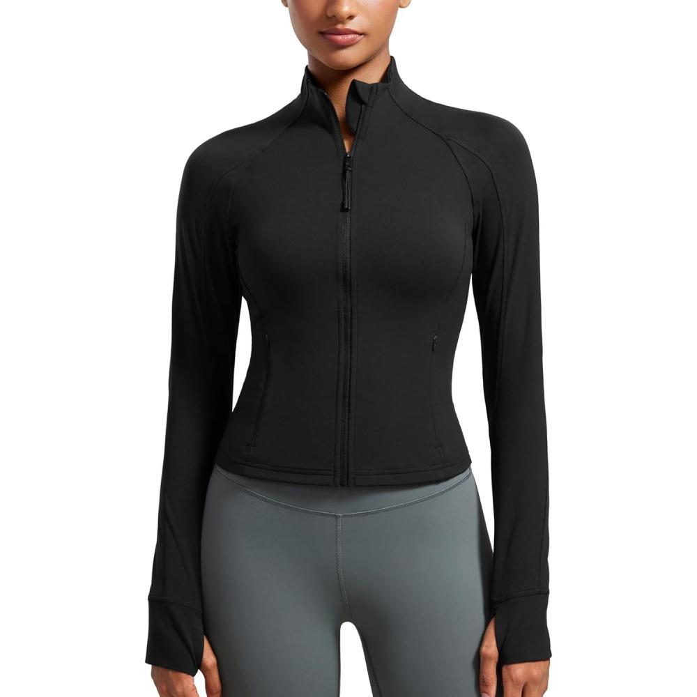 imageCRZ YOGA Butterluxe Waist Length Jackets for Women  Full Zip Athletic Track Tops with Thumb Holes PocketsBlack