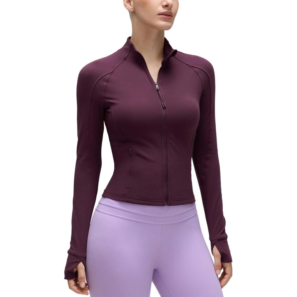 imageCRZ YOGA Butterluxe Waist Length Jackets for Women  Full Zip Athletic Track Tops with Thumb Holes PocketsDeep Purple