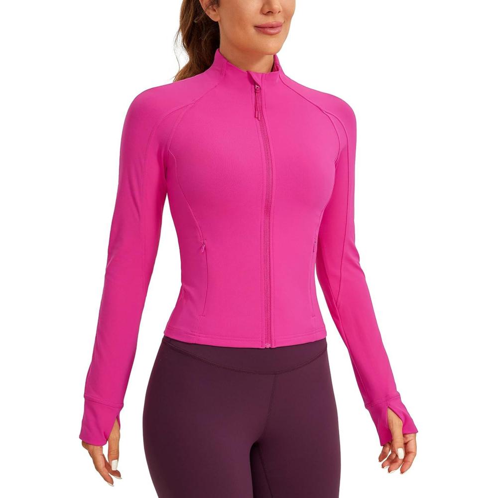 imageCRZ YOGA Butterluxe Waist Length Jackets for Women  Full Zip Athletic Track Tops with Thumb Holes PocketsHibiscus Purple