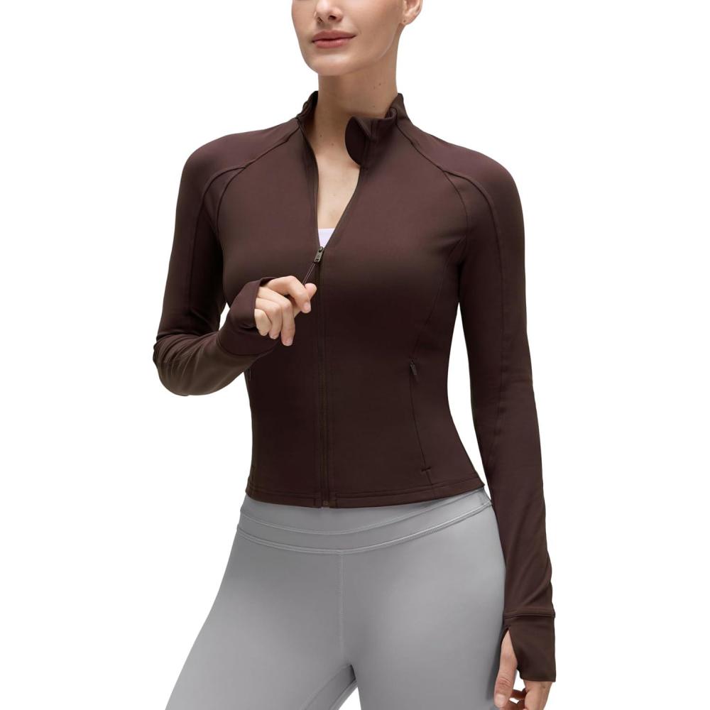 imageCRZ YOGA Butterluxe Waist Length Jackets for Women  Full Zip Athletic Track Tops with Thumb Holes PocketsHot Fudge Brown