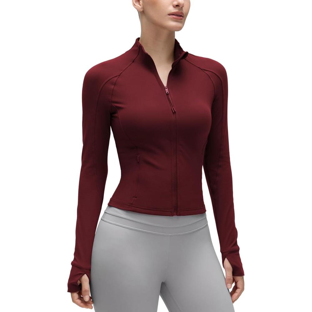 imageCRZ YOGA Butterluxe Waist Length Jackets for Women  Full Zip Athletic Track Tops with Thumb Holes PocketsRed Merlot