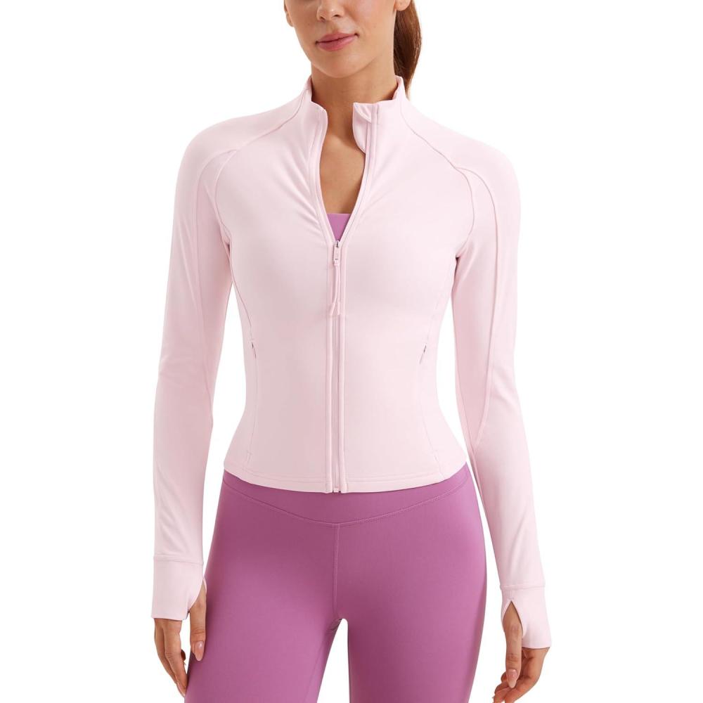 imageCRZ YOGA Butterluxe Waist Length Jackets for Women  Full Zip Athletic Track Tops with Thumb Holes PocketsStrawberry Pink