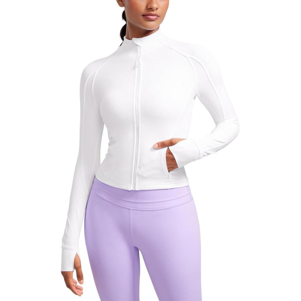 imageCRZ YOGA Butterluxe Waist Length Jackets for Women  Full Zip Athletic Track Tops with Thumb Holes PocketsWhite