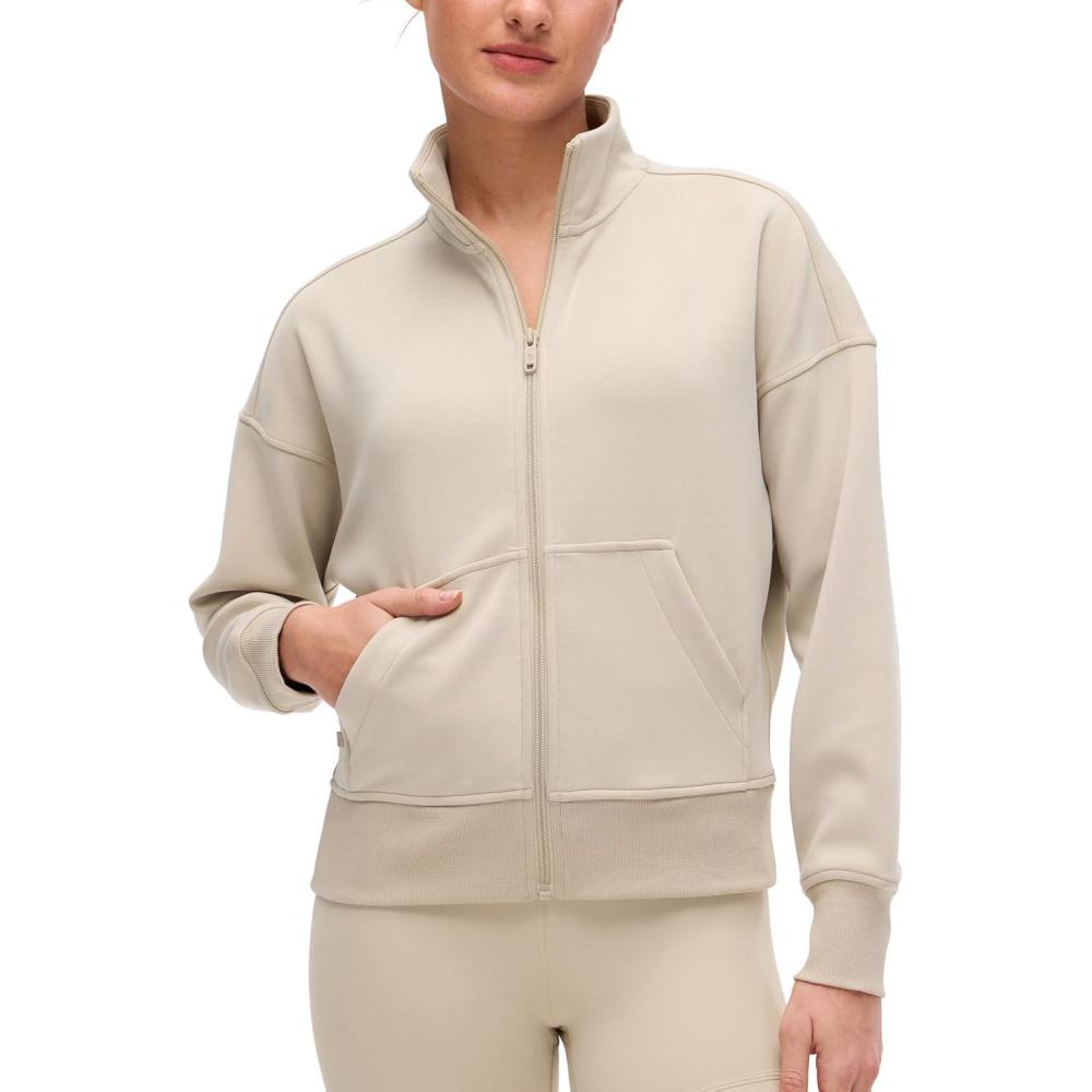 imageCRZ YOGA SoftAura Full Zip Sweatshirt for Women  Workout Casual Zipper Funnel Neck Sweat Shirts Jackets with PocketsMojave Tan
