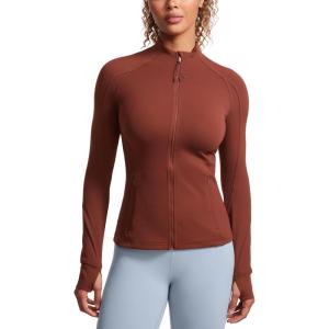 imageCRZ YOGA Butterluxe Hip Length Jackets for Women  Full Zip Athletic Track Tops with Thumb Holes PocketsJujube Brown