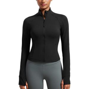 imageCRZ YOGA Butterluxe Waist Length Jackets for Women  Full Zip Athletic Track Tops with Thumb Holes PocketsBlack
