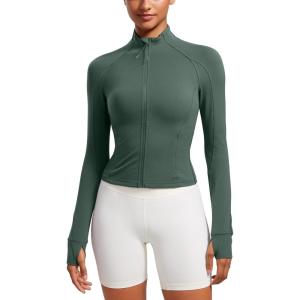 imageCRZ YOGA Butterluxe Waist Length Jackets for Women  Full Zip Athletic Track Tops with Thumb Holes PocketsDark Forest Green