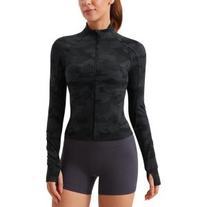 imageCRZ YOGA Butterluxe Waist Length Jackets for Women  Full Zip Athletic Track Tops with Thumb Holes PocketsDark Grey Camouflage 2