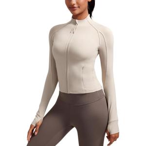 imageCRZ YOGA Butterluxe Waist Length Jackets for Women  Full Zip Athletic Track Tops with Thumb Holes PocketsMojave Tan