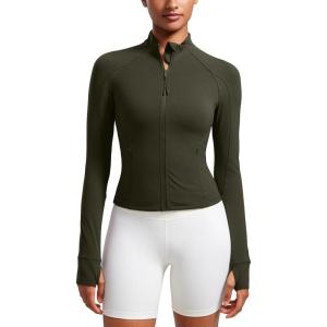 imageCRZ YOGA Butterluxe Waist Length Jackets for Women  Full Zip Athletic Track Tops with Thumb Holes PocketsOlive Green