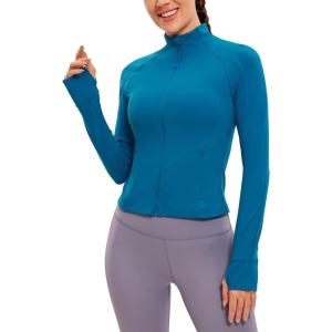 imageCRZ YOGA Butterluxe Waist Length Jackets for Women  Full Zip Athletic Track Tops with Thumb Holes PocketsSupersonic Blue