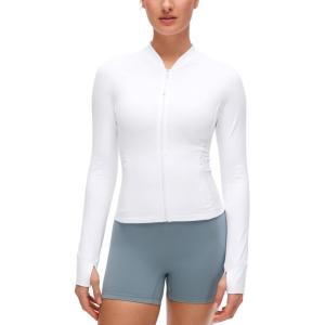 imageCRZ YOGA Butterluxe VNeck Jackets for Women  Full Zip Athletic Track Tops with Thumb Holes PocketsWhite