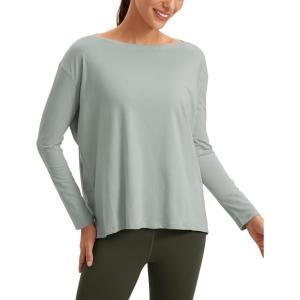imageCRZ YOGA Pima Cotton Boat Neck Long Sleeve Shirts for Women  Workout Athletic Yoga Casual Tops Loose Fit Fall TShirtsJade Grey