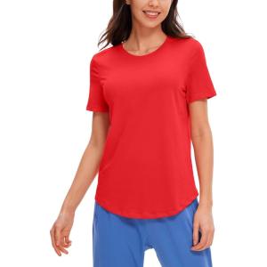imageCRZ YOGA Pima Cotton Crewneck TShirts for Women  Workout Casual Yoga Athletic Short Sleeve Shirts Soft Crewneck Hip TopsDeep Red