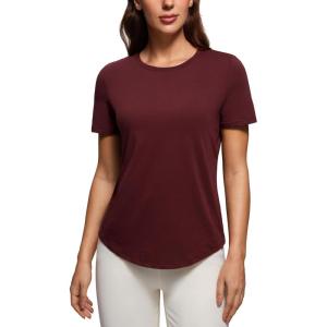 imageCRZ YOGA Pima Cotton Crewneck TShirts for Women  Workout Casual Yoga Athletic Short Sleeve Shirts Soft Crewneck Hip TopsRed Merlot