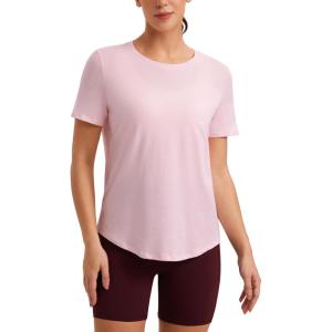 imageCRZ YOGA Pima Cotton Crewneck TShirts for Women  Workout Casual Yoga Athletic Short Sleeve Shirts Soft Crewneck Hip TopsStrawberry Pink