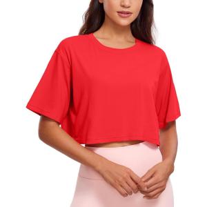 imageCRZ YOGA Pima Cotton Loose Crop TShirts for Women  Workout Yoga Casual Athletic Running Short Sleeve Shirts Crewneck TopsDeep Red