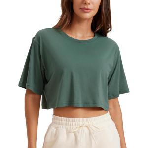 imageCRZ YOGA Pima Cotton Loose Crop TShirts for Women  Workout Yoga Casual Athletic Running Short Sleeve Shirts Crewneck TopsGraphite Green