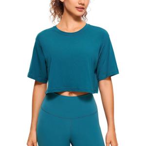 imageCRZ YOGA Pima Cotton Loose Crop TShirts for Women  Workout Yoga Casual Athletic Running Short Sleeve Shirts Crewneck TopsGreen Jade