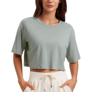 imageCRZ YOGA Pima Cotton Loose Crop TShirts for Women  Workout Yoga Casual Athletic Running Short Sleeve Shirts Crewneck TopsJade Grey