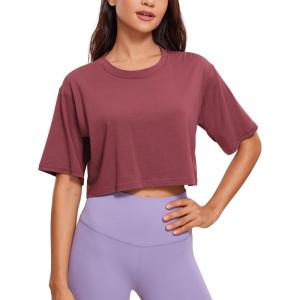 imageCRZ YOGA Pima Cotton Loose Crop TShirts for Women  Workout Yoga Casual Athletic Running Short Sleeve Shirts Crewneck TopsMisty Merlot