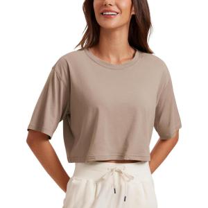imageCRZ YOGA Pima Cotton Loose Crop TShirts for Women  Workout Yoga Casual Athletic Running Short Sleeve Shirts Crewneck TopsMortar Color