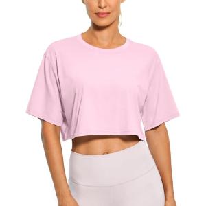 imageCRZ YOGA Pima Cotton Loose Crop TShirts for Women  Workout Yoga Casual Athletic Running Short Sleeve Shirts Crewneck TopsPink Peony