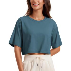 imageCRZ YOGA Pima Cotton Loose Crop TShirts for Women  Workout Yoga Casual Athletic Running Short Sleeve Shirts Crewneck TopsSlate Blue