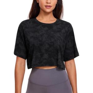 imageCRZ YOGA Pima Cotton Loose Crop TShirts for Women  Workout Yoga Casual Athletic Running Short Sleeve Shirts Crewneck TopsTie Dye Smoke Ink
