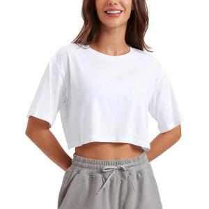 imageCRZ YOGA Pima Cotton Loose Crop TShirts for Women  Workout Yoga Casual Athletic Running Short Sleeve Shirts Crewneck TopsWhite
