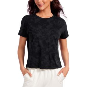 imageCRZ YOGA Pima Cotton Relaxed TShirts for Women  Workout Athletic Gym Casual Short Sleeve Shirts Basic Crewneck Hip TopsTie Dye Smoke Ink