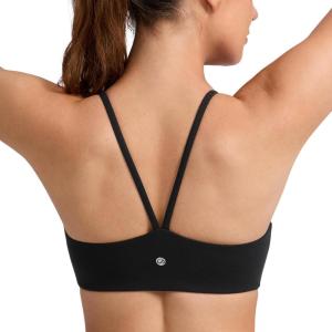 imageCRZ YOGA Butterlift Double Lined V Back Sports Bras for Women  Scoop Neck Spaghetti Strap Wireless Yoga Top Non PaddedBlack