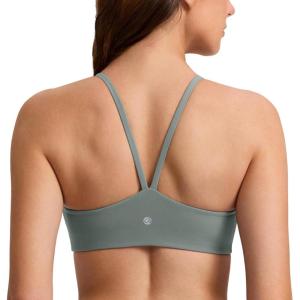 imageCRZ YOGA Butterlift Double Lined V Back Sports Bras for Women  Scoop Neck Spaghetti Strap Wireless Yoga Top Non PaddedGrey Sage