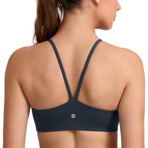 imageCRZ YOGA Butterlift Double Lined V Back Sports Bras for Women  Scoop Neck Spaghetti Strap Wireless Yoga Top Non PaddedTrue Navy